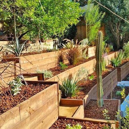 Wood planters that double as retaining walls and help guard against flooding.